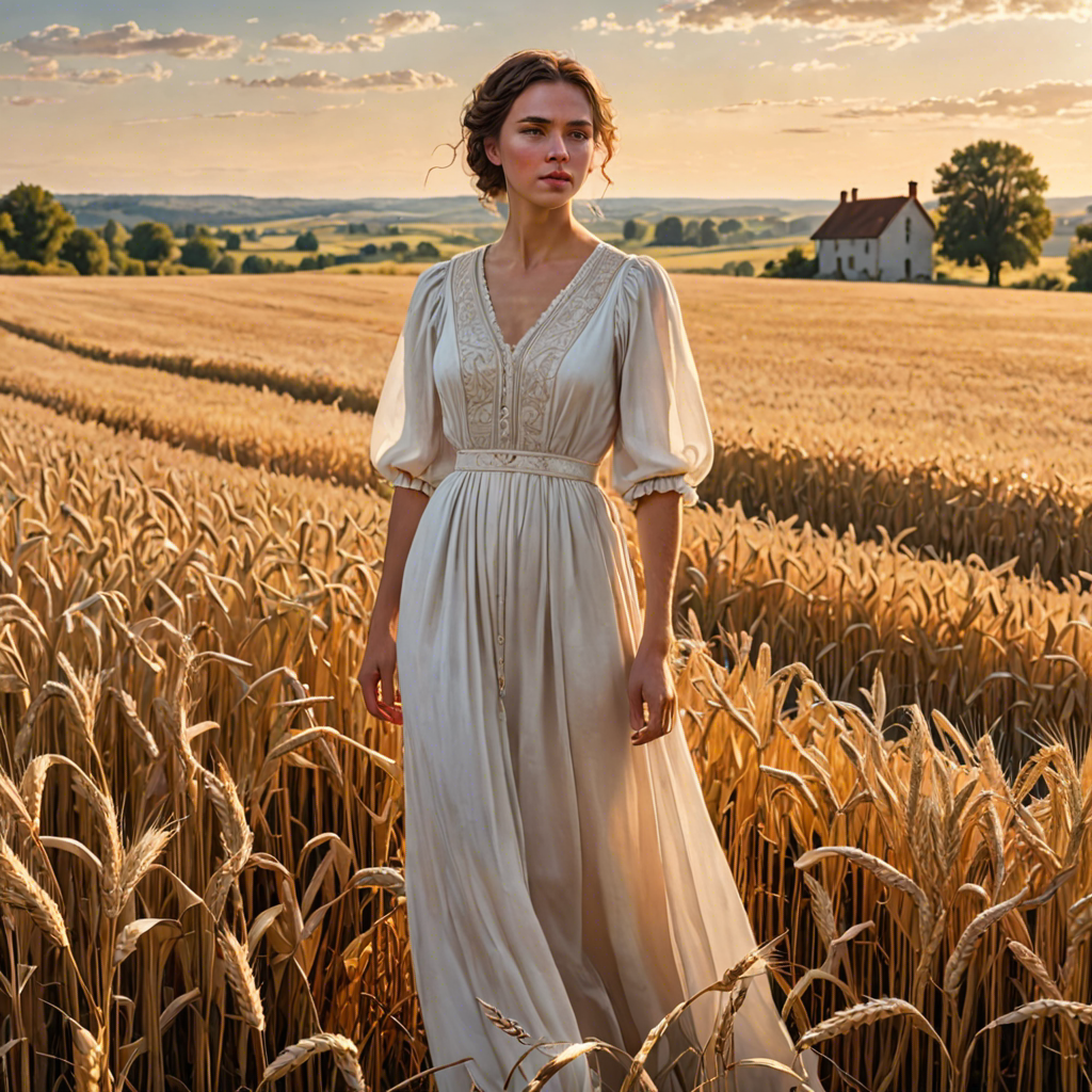 a shepherdess in an elegant white gown, standing in a countryside wheat field with a distant farmhouse, soft golden glow, detailed — image 6