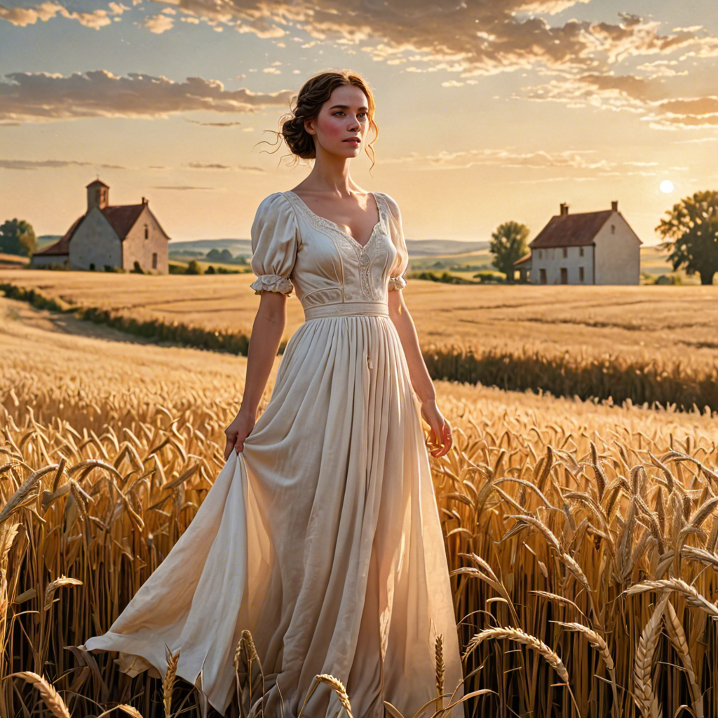 a shepherdess in an elegant white gown, standing in a countryside wheat field with a distant farmhouse, soft golden glow, detailed — image 7