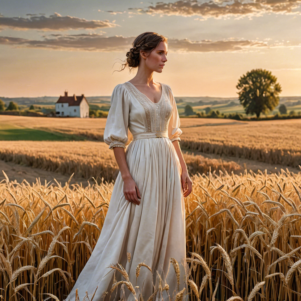 a shepherdess in an elegant white gown, standing in a countryside wheat field with a distant farmhouse, soft golden glow, detailed — image 8
