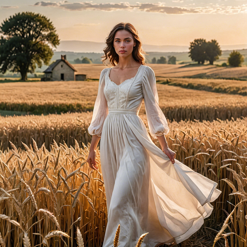 a shepherdess in an elegant white gown, standing in a countryside wheat field with a distant farmhouse, soft golden glow, detailed — image 9