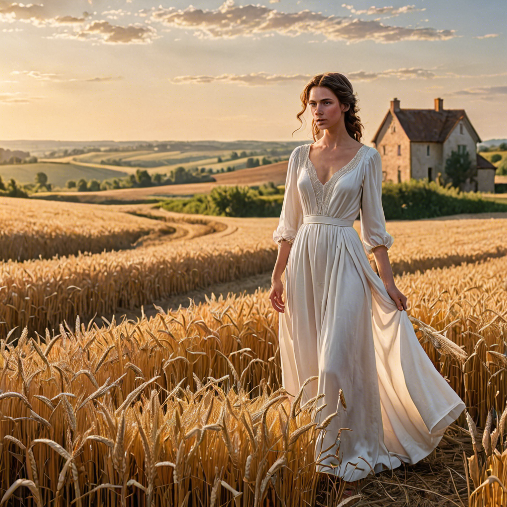 a shepherdess in an elegant white gown, standing in a countryside wheat field with a distant farmhouse, soft golden glow, detailed — image 10