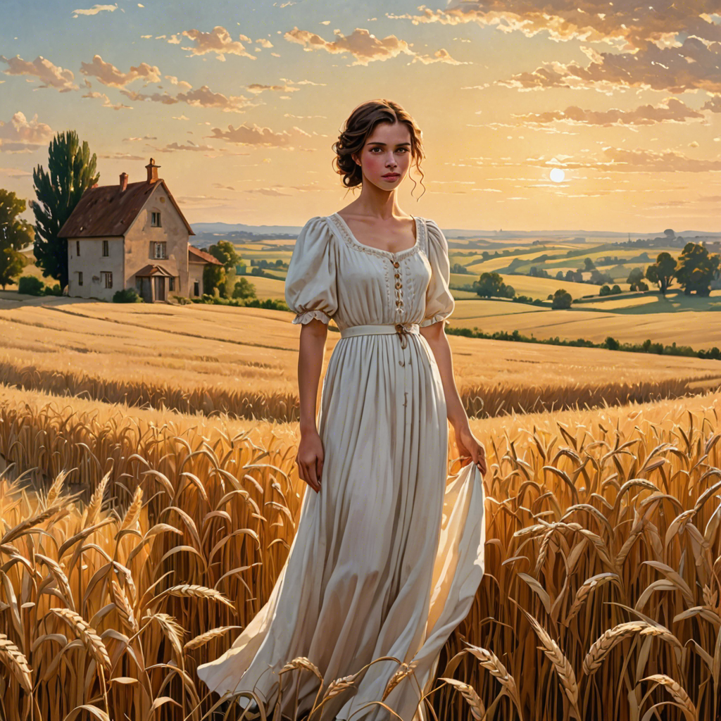 a shepherdess in an elegant white gown, standing in a countryside wheat field with a distant farmhouse, soft golden glow, detailed — image 11