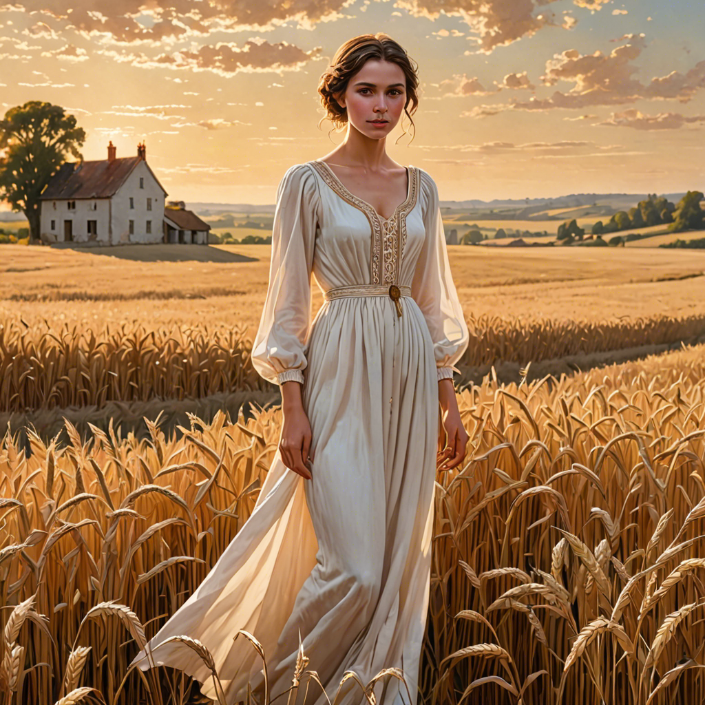 a shepherdess in an elegant white gown, standing in a countryside wheat field with a distant farmhouse, soft golden glow, detailed — image 12