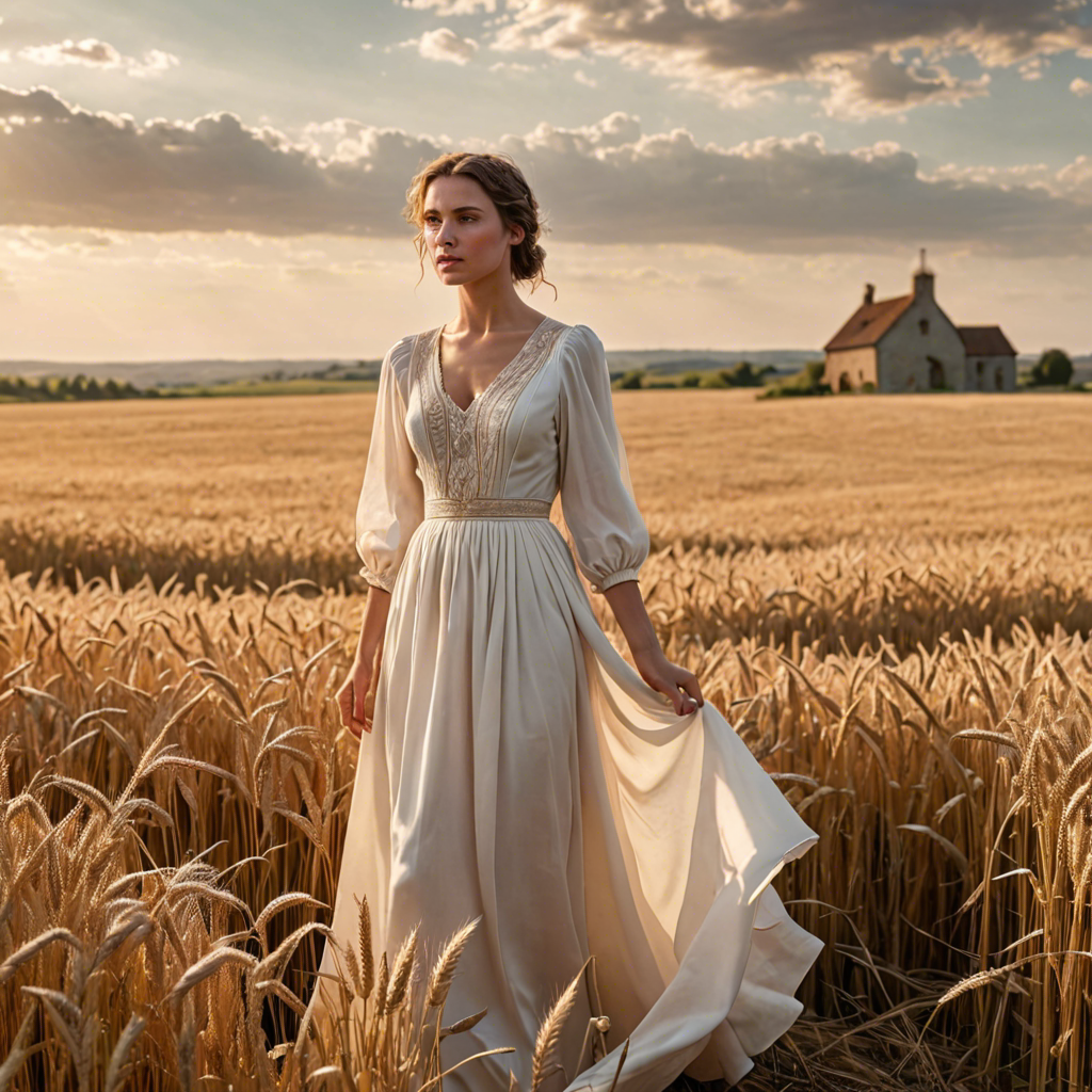 a shepherdess in an elegant white gown, standing in a countryside wheat field with a distant farmhouse, soft golden glow, detailed — image 13