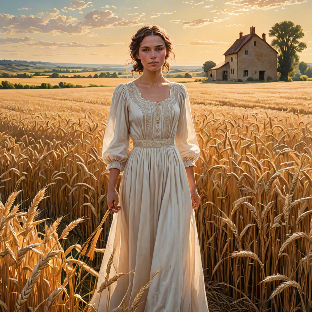 a shepherdess in an elegant white gown, standing in a countryside wheat field with a distant farmhouse, soft golden glow, detailed — image 14