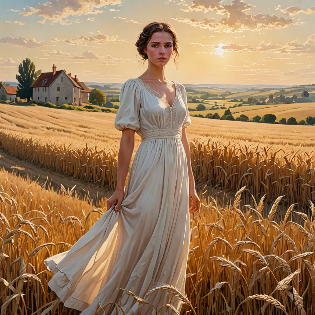 a shepherdess in an elegant white gown, standing in a countryside wheat field with a distant farmhouse, soft golden glow, detailed — image 15