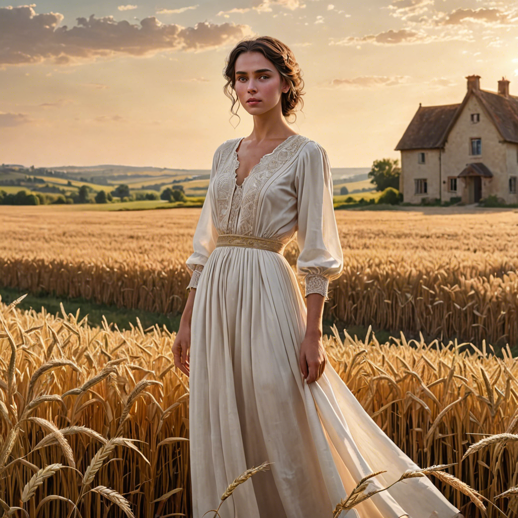 a shepherdess in an elegant white gown, standing in a countryside wheat field with a distant farmhouse, soft golden glow, detailed — image 16