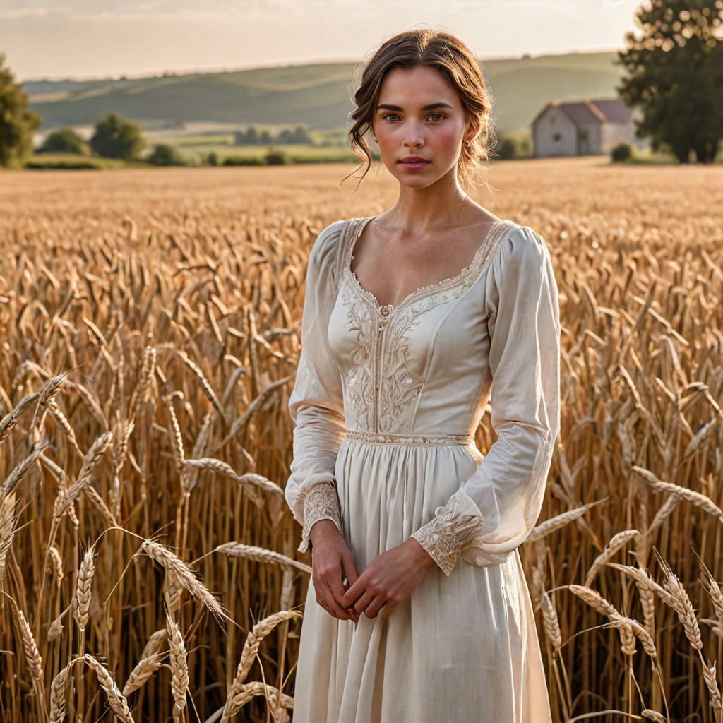 a shepherdess in an elegant white gown, standing in a countryside wheat field with a distant farmhouse, soft golden glow, detailed — image 17