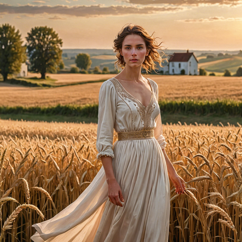 a shepherdess in an elegant white gown, standing in a countryside wheat field with a distant farmhouse, soft golden glow, detailed — image 18