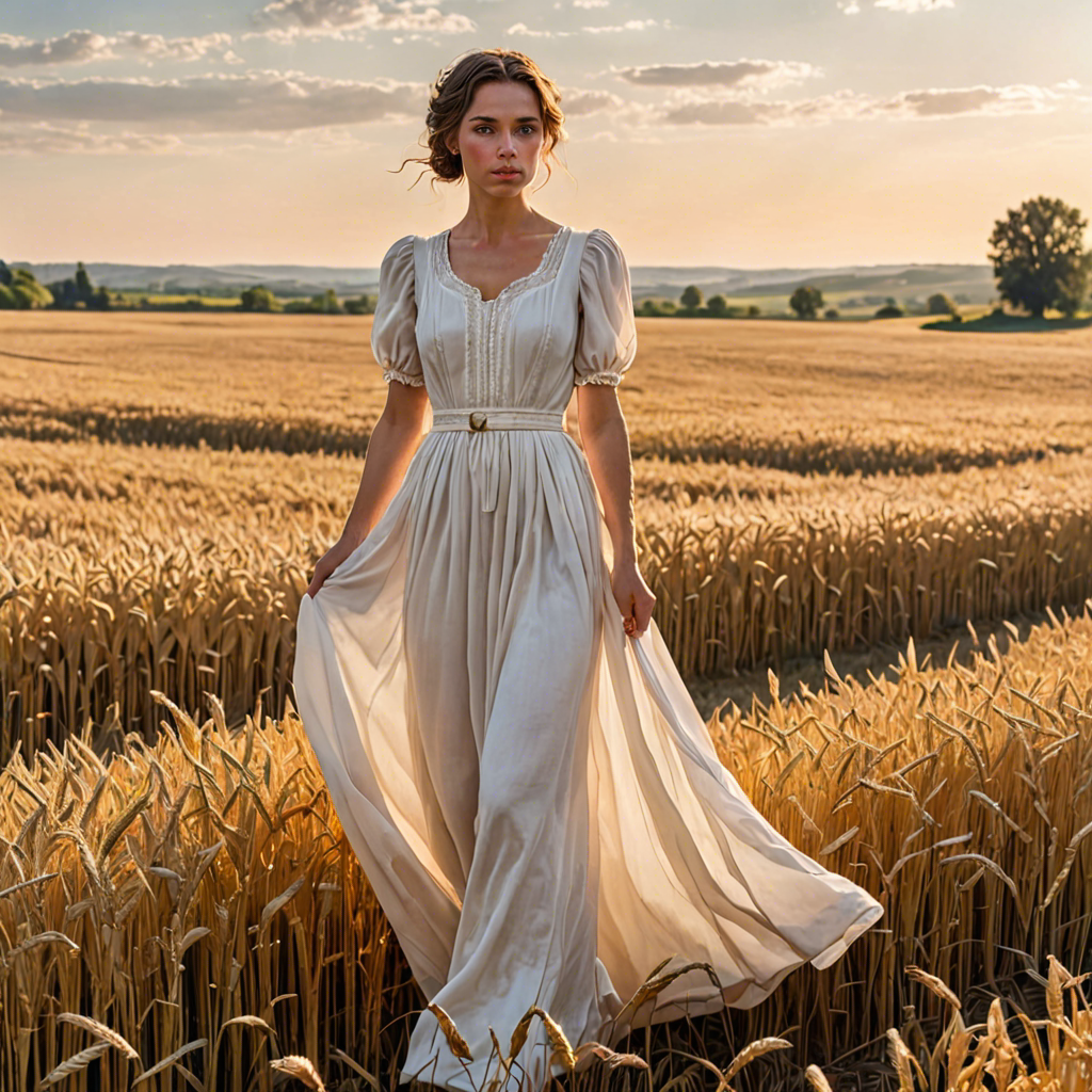 a shepherdess in an elegant white gown, standing in a countryside wheat field with a distant farmhouse, soft golden glow, detailed — image 19