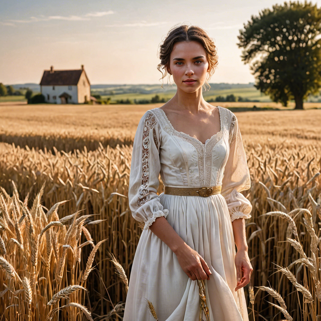 a shepherdess in an elegant white gown, standing in a countryside wheat field with a distant farmhouse, soft golden glow, detailed — image 20