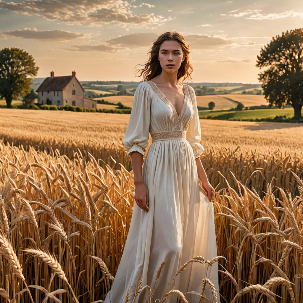 a shepherdess in an elegant white gown, standing in a countryside wheat field with a distant farmhouse, soft golden glow, detailed — image 21