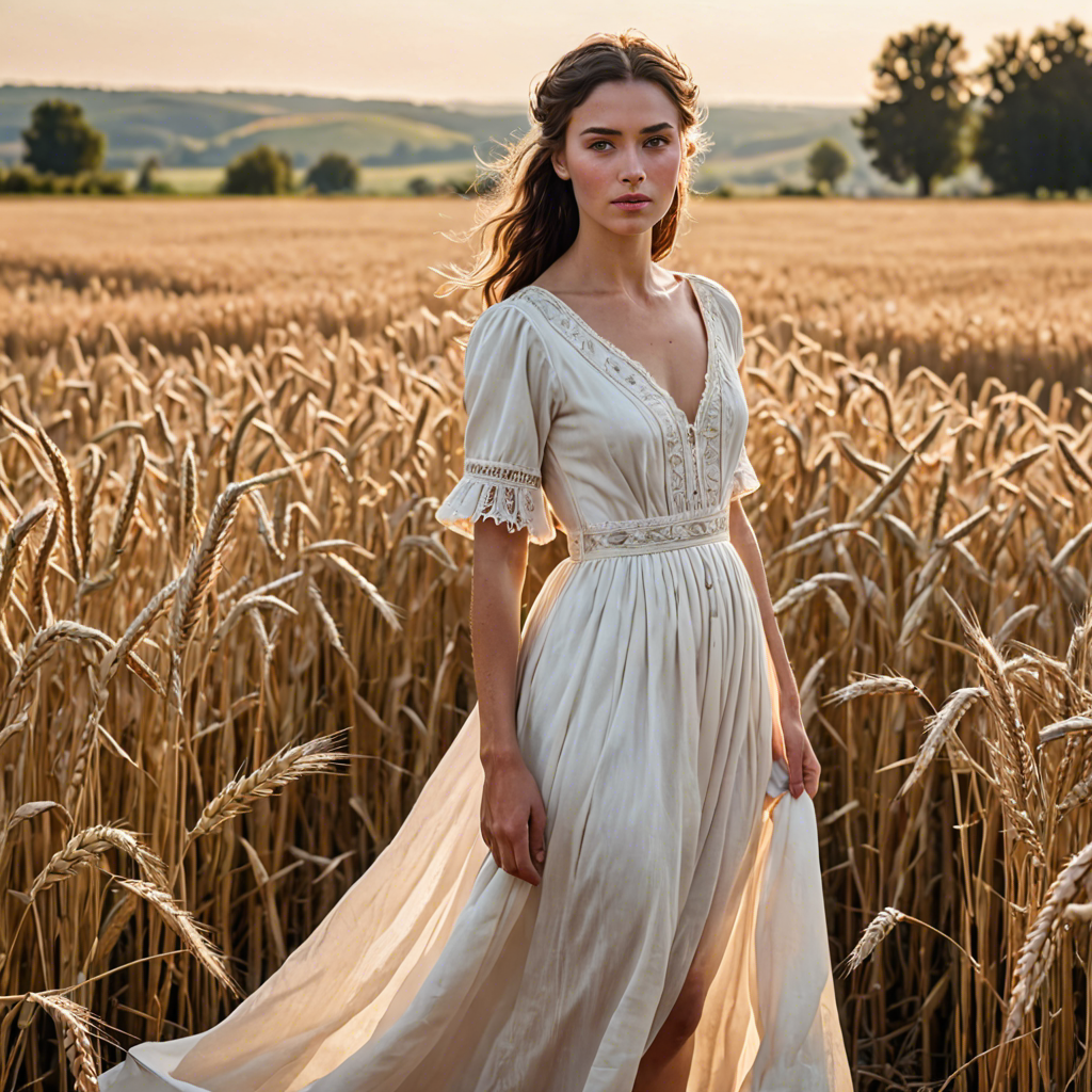 a shepherdess in an elegant white gown, standing in a countryside wheat field with a distant farmhouse, soft golden glow, detailed — image 22