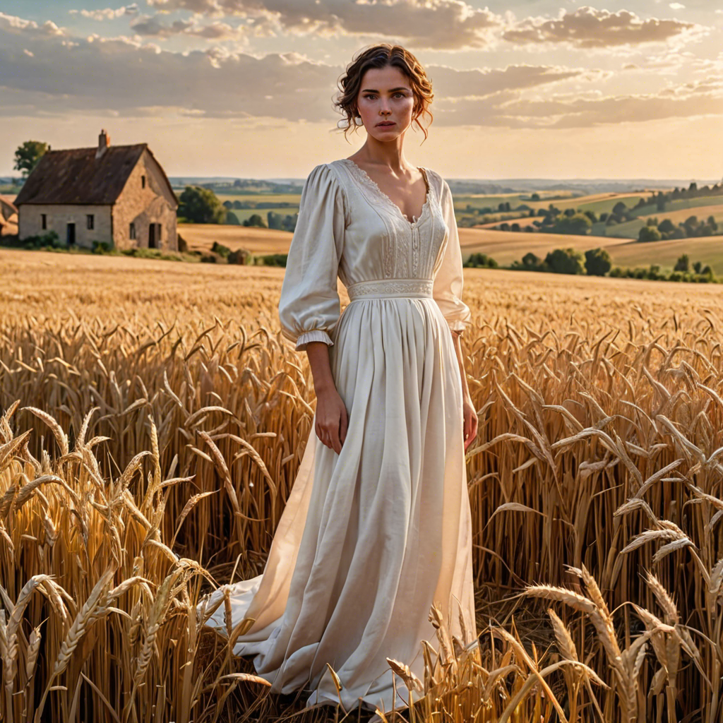a shepherdess in an elegant white gown, standing in a countryside wheat field with a distant farmhouse, soft golden glow, detailed — image 23