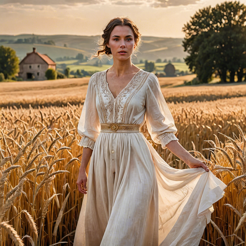 a shepherdess in an elegant white gown, standing in a countryside wheat field with a distant farmhouse, soft golden glow, detailed — image 24