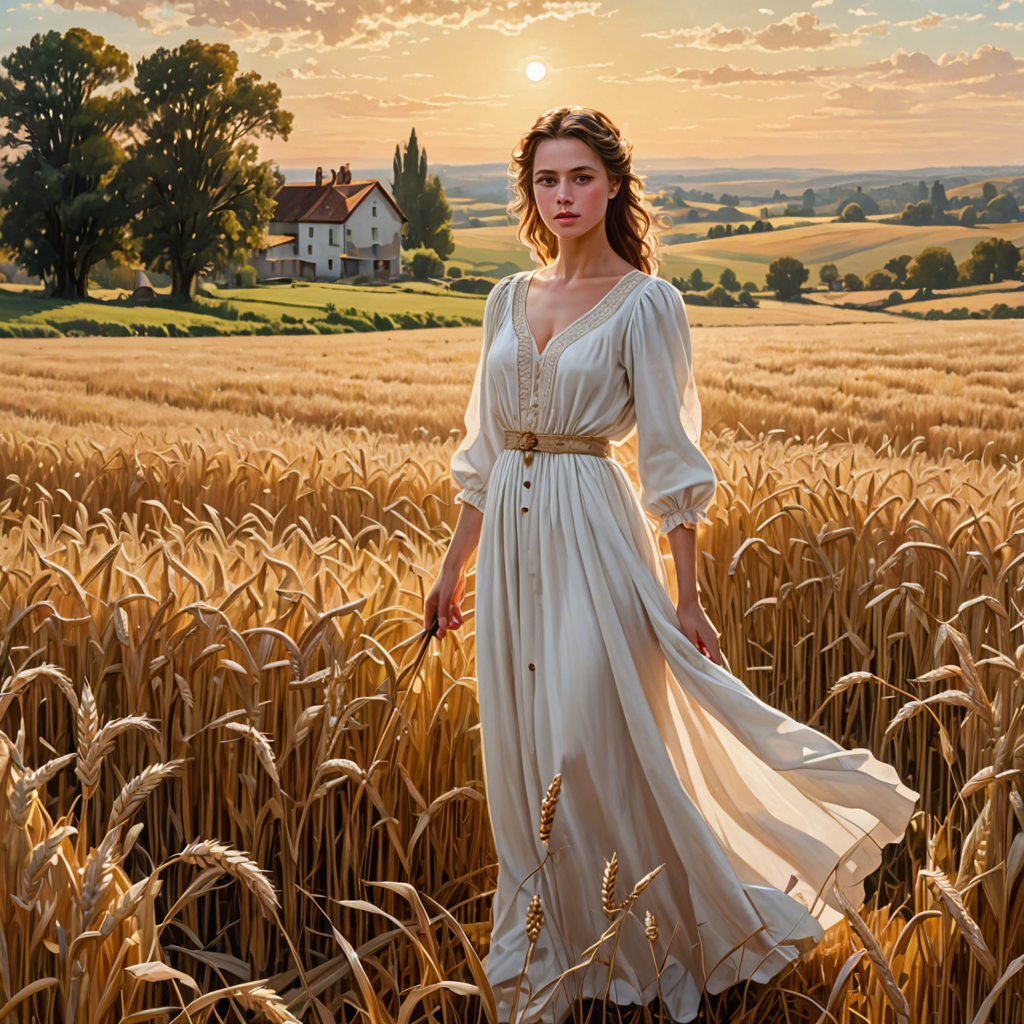 a shepherdess in an elegant white gown, standing in a countryside wheat field with a distant farmhouse, soft golden glow, detailed — image 25
