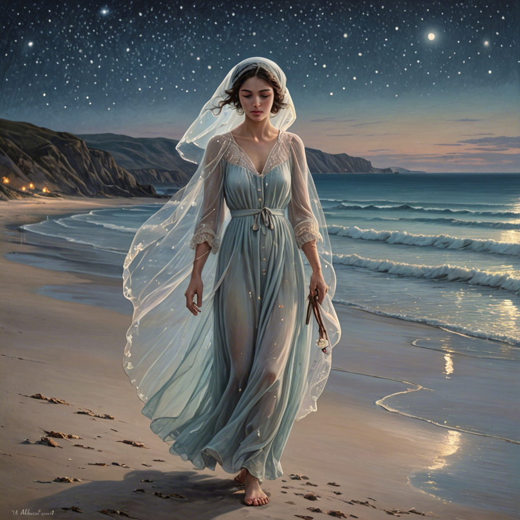 a shepherdess wearing a delicate veil, walking through a starlit beach at night, soft pastel tones, detailed — image 1