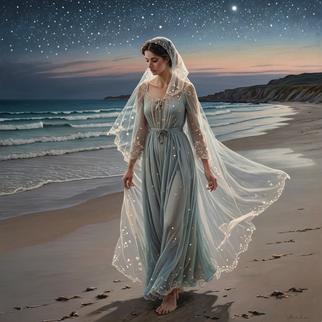 a shepherdess wearing a delicate veil, walking through a starlit beach at night, soft pastel tones, detailed — image 2