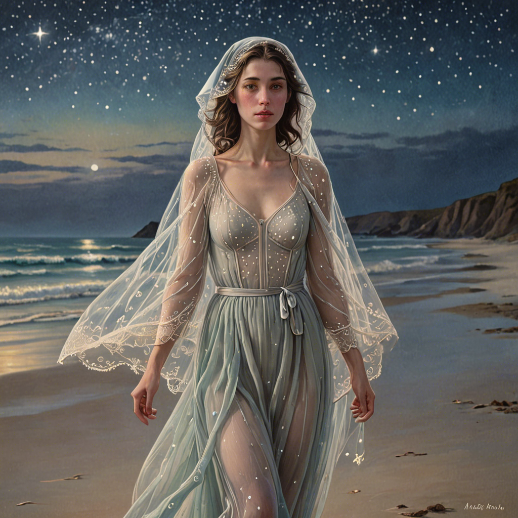 a shepherdess wearing a delicate veil, walking through a starlit beach at night, soft pastel tones, detailed — image 3