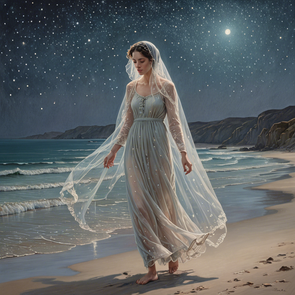 a shepherdess wearing a delicate veil, walking through a starlit beach at night, soft pastel tones, detailed — image 4