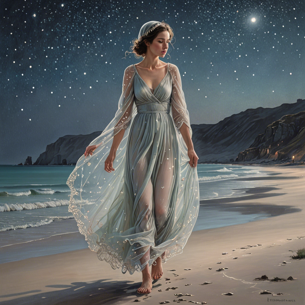 a shepherdess wearing a delicate veil, walking through a starlit beach at night, soft pastel tones, detailed — image 5