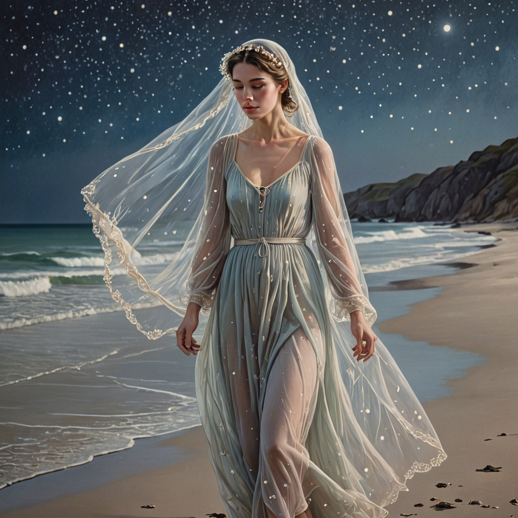 a shepherdess wearing a delicate veil, walking through a starlit beach at night, soft pastel tones, detailed — image 6
