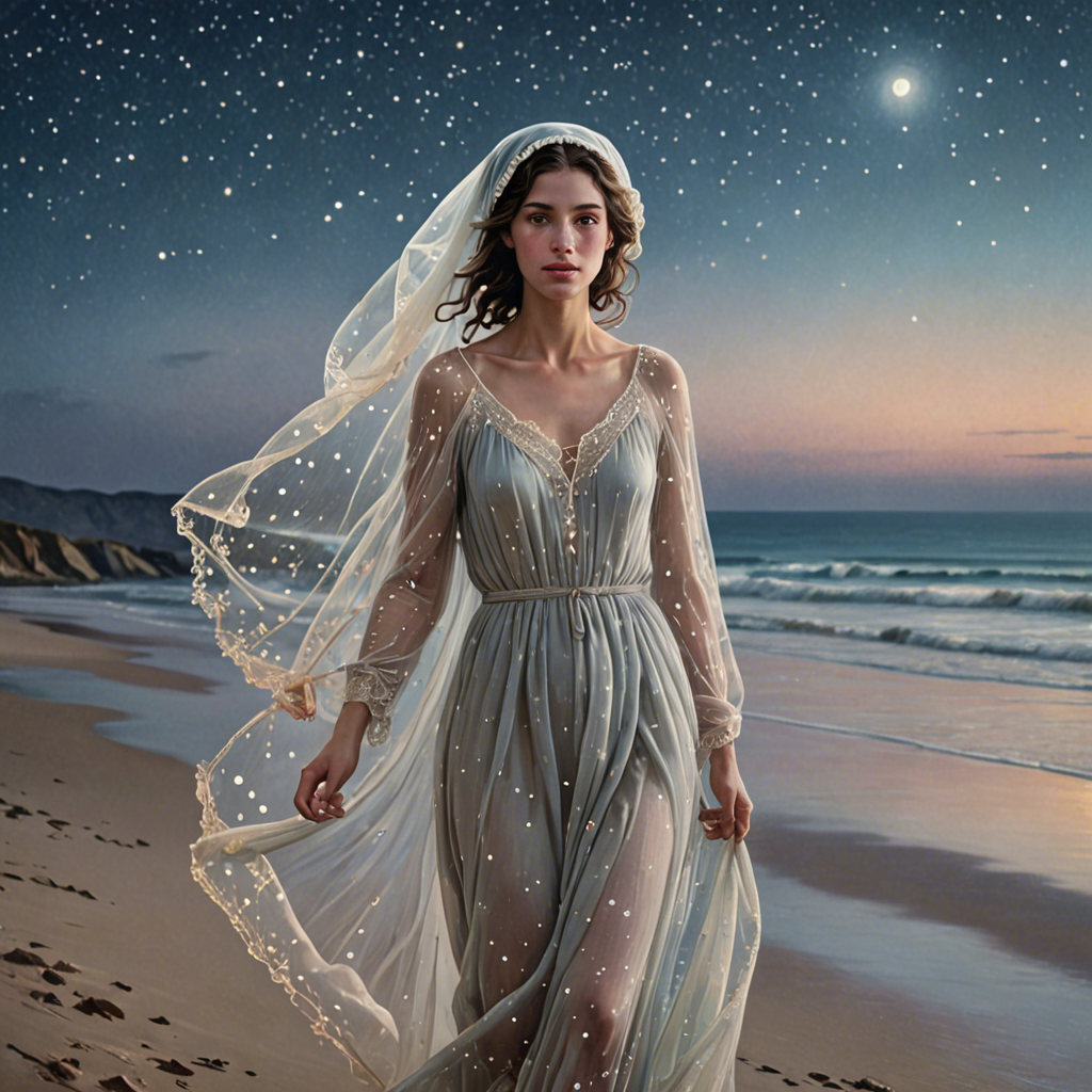 a shepherdess wearing a delicate veil, walking through a starlit beach at night, soft pastel tones, detailed — image 7