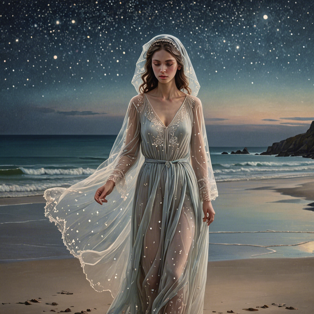 a shepherdess wearing a delicate veil, walking through a starlit beach at night, soft pastel tones, detailed — image 8