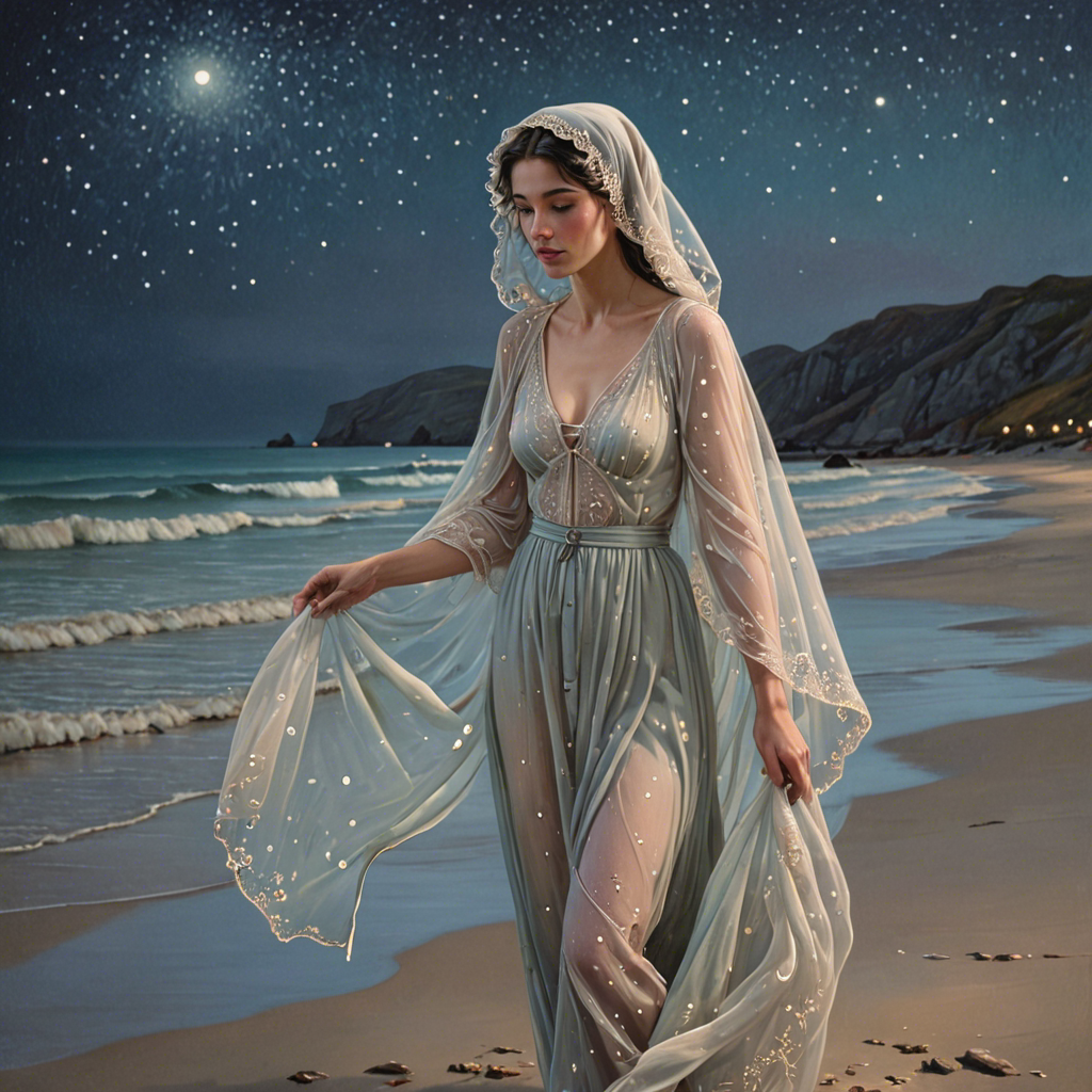 a shepherdess wearing a delicate veil, walking through a starlit beach at night, soft pastel tones, detailed — image 9