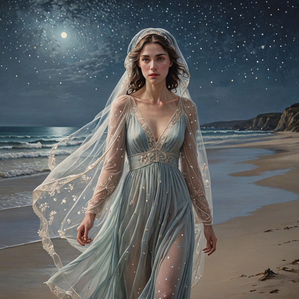 a shepherdess wearing a delicate veil, walking through a starlit beach at night, soft pastel tones, detailed — image 10