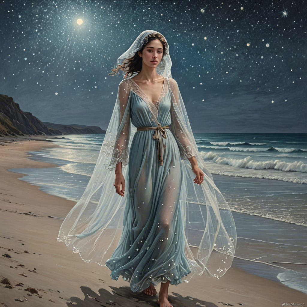 a shepherdess wearing a delicate veil, walking through a starlit beach at night, soft pastel tones, detailed — image 11