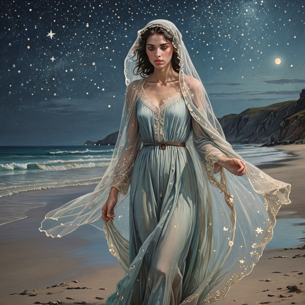 a shepherdess wearing a delicate veil, walking through a starlit beach at night, soft pastel tones, detailed — image 12