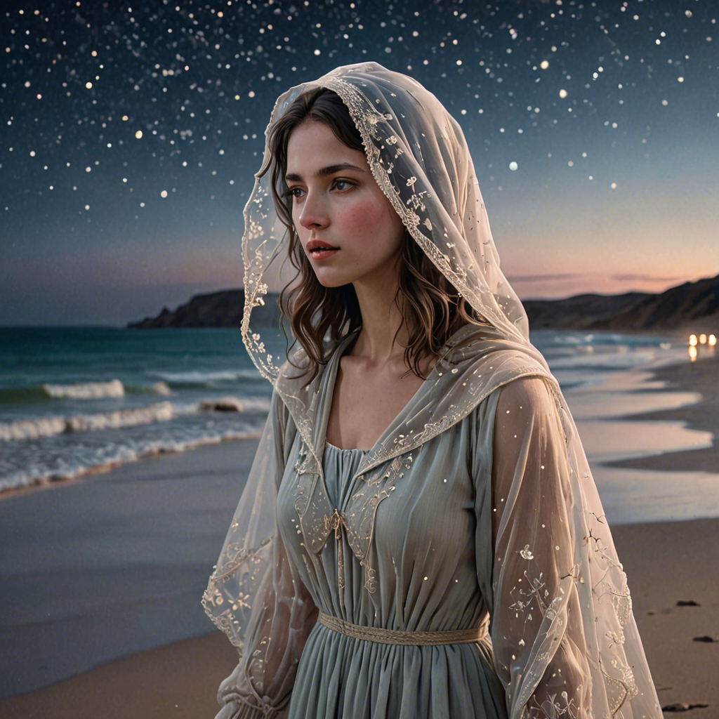 a shepherdess wearing a delicate veil, walking through a starlit beach at night, soft pastel tones, detailed — image 13