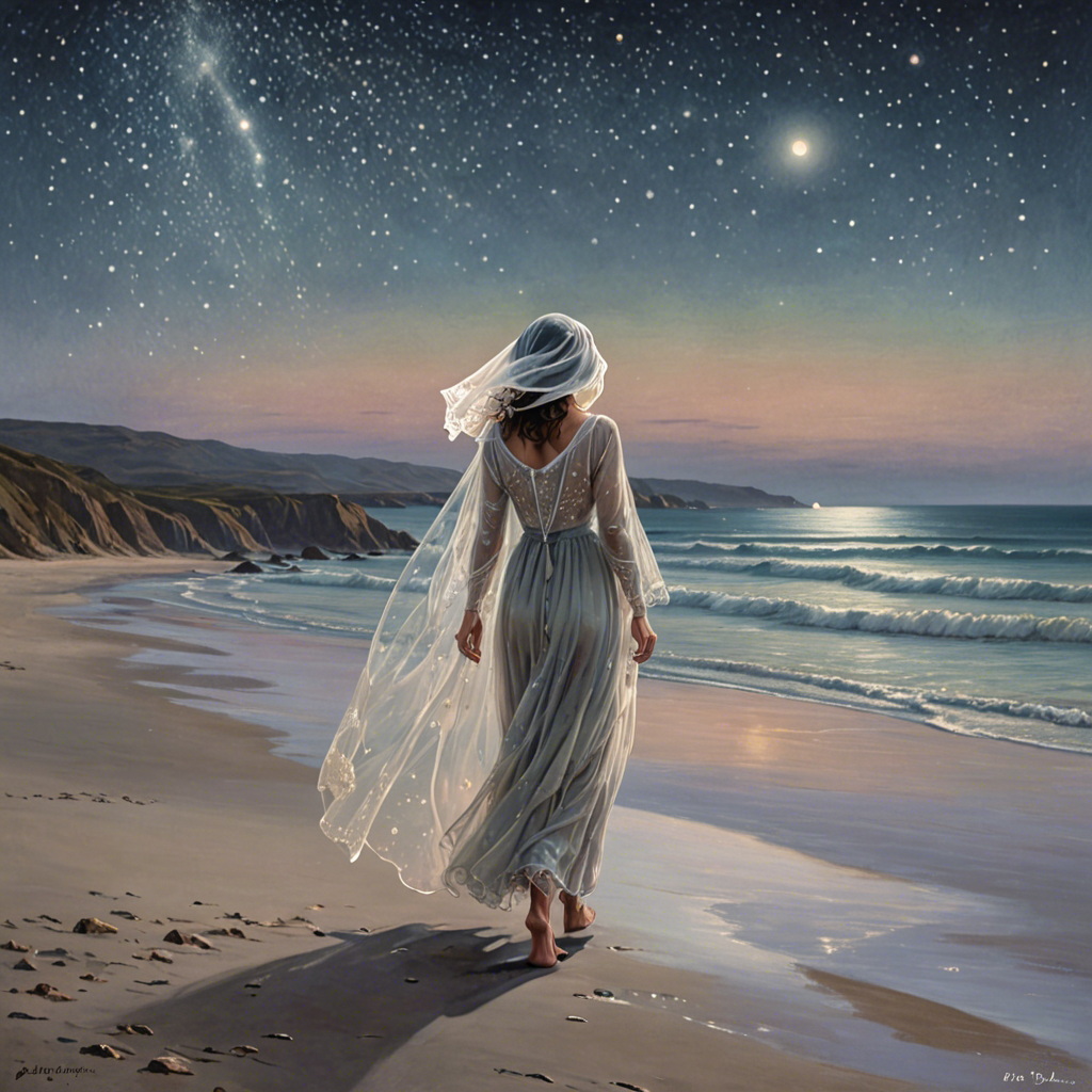 a shepherdess wearing a delicate veil, walking through a starlit beach at night, soft pastel tones, detailed — image 14