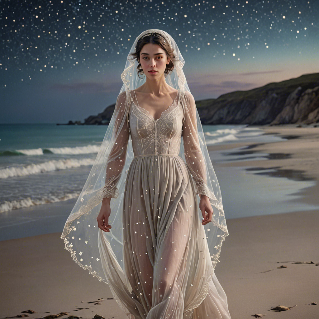 a shepherdess wearing a delicate veil, walking through a starlit beach at night, soft pastel tones, detailed — image 15