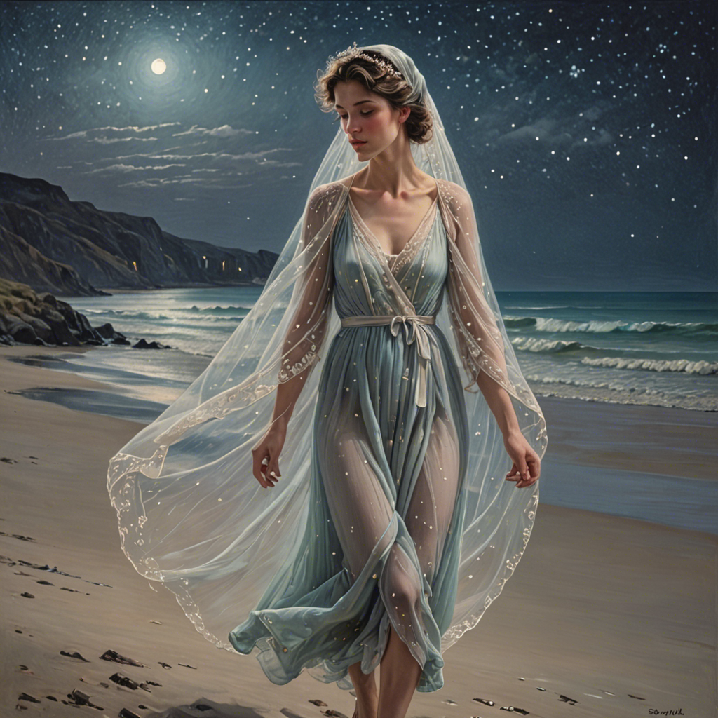 a shepherdess wearing a delicate veil, walking through a starlit beach at night, soft pastel tones, detailed — image 16