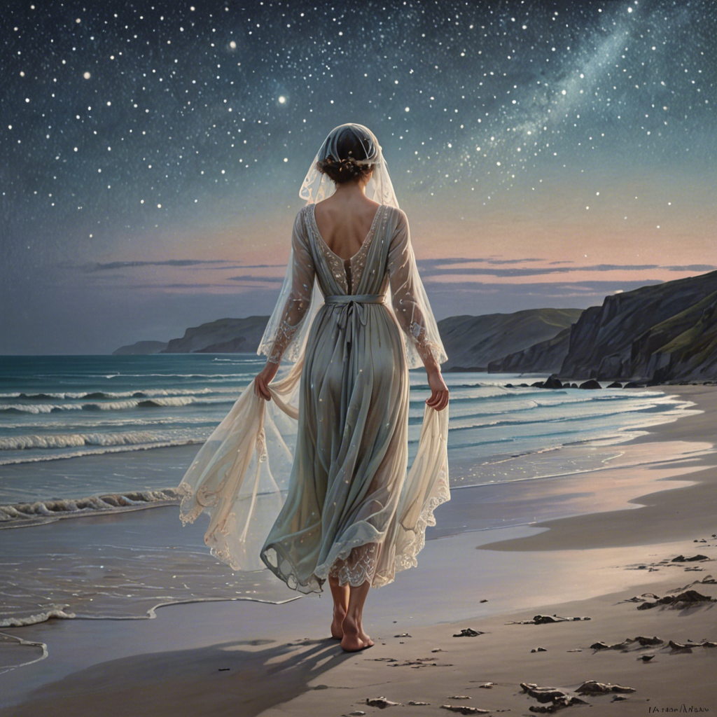 a shepherdess wearing a delicate veil, walking through a starlit beach at night, soft pastel tones, detailed — image 17