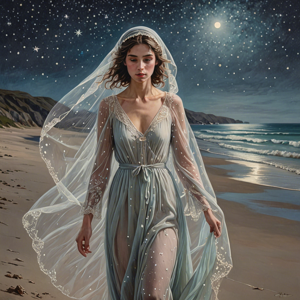 a shepherdess wearing a delicate veil, walking through a starlit beach at night, soft pastel tones, detailed — image 18