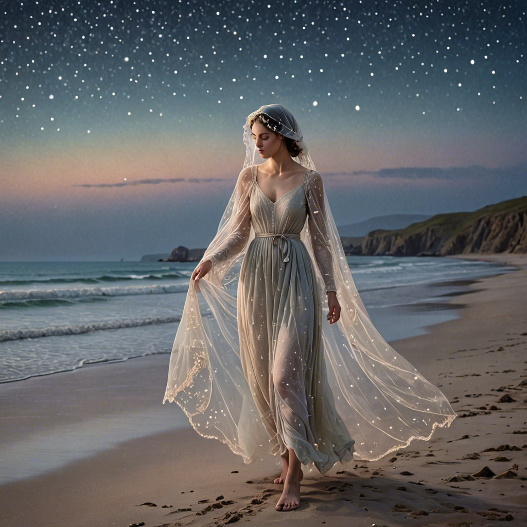 a shepherdess wearing a delicate veil, walking through a starlit beach at night, soft pastel tones, detailed — image 19