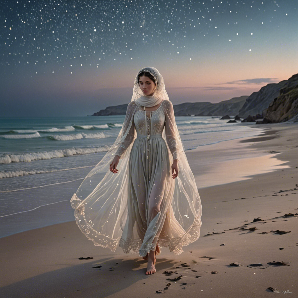 a shepherdess wearing a delicate veil, walking through a starlit beach at night, soft pastel tones, detailed — image 20