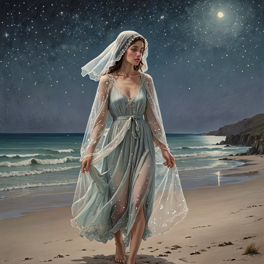 a shepherdess wearing a delicate veil, walking through a starlit beach at night, soft pastel tones, detailed — image 21