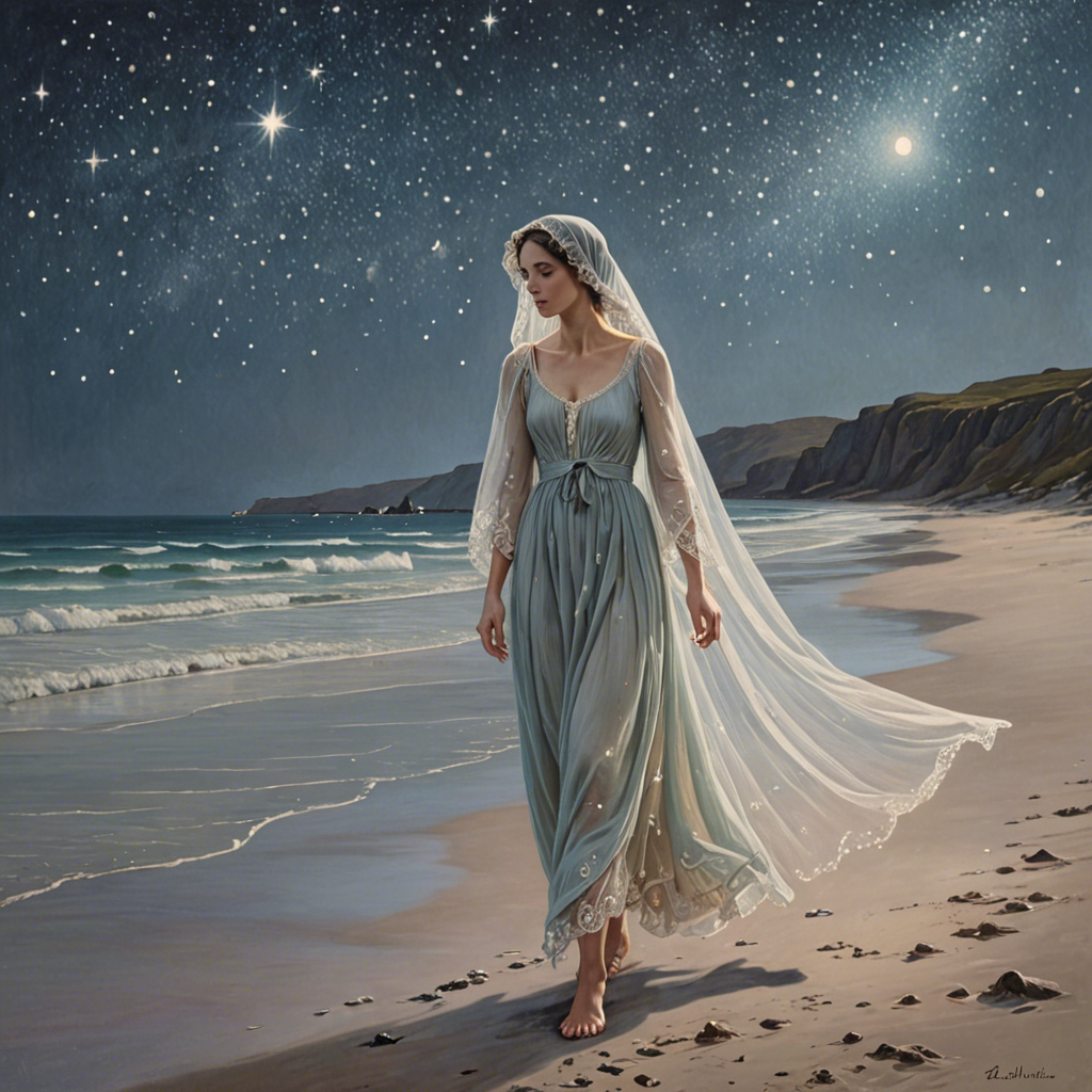 a shepherdess wearing a delicate veil, walking through a starlit beach at night, soft pastel tones, detailed — image 22