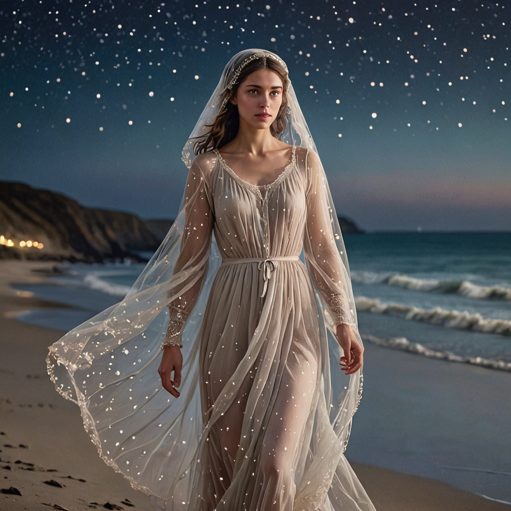 a shepherdess wearing a delicate veil, walking through a starlit beach at night, soft pastel tones, detailed — image 23