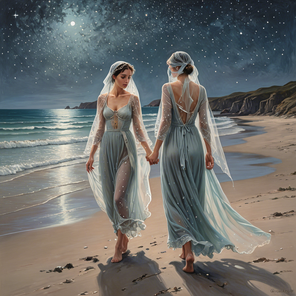 a shepherdess wearing a delicate veil, walking through a starlit beach at night, soft pastel tones, detailed — image 24
