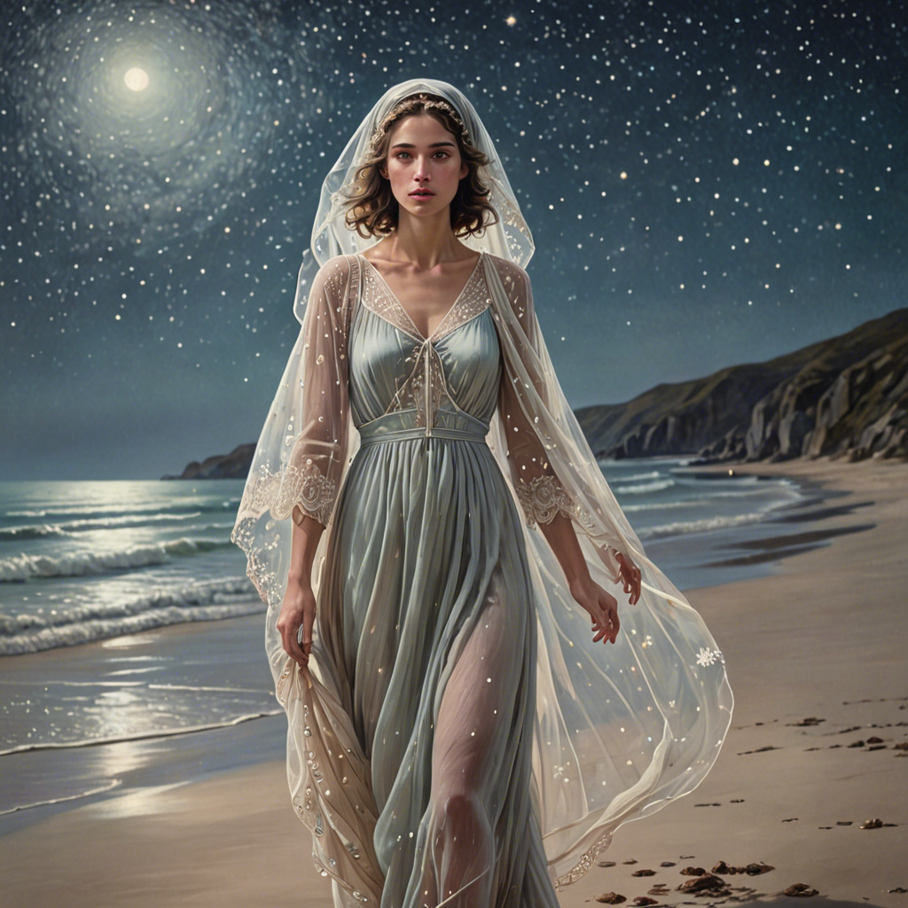 a shepherdess wearing a delicate veil, walking through a starlit beach at night, soft pastel tones, detailed — image 25
