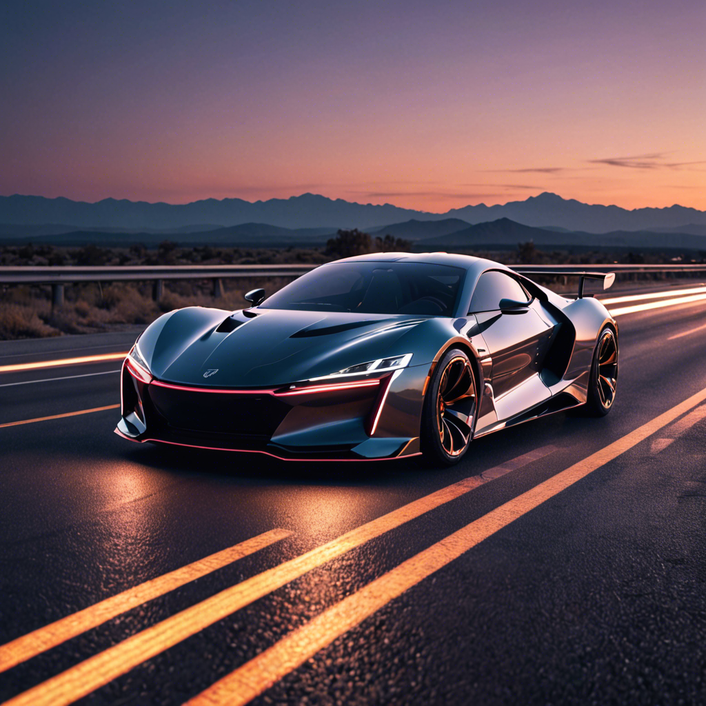 a sleek futuristic sports car on an empty highway at dusk, neon reflections, detailed — image 1