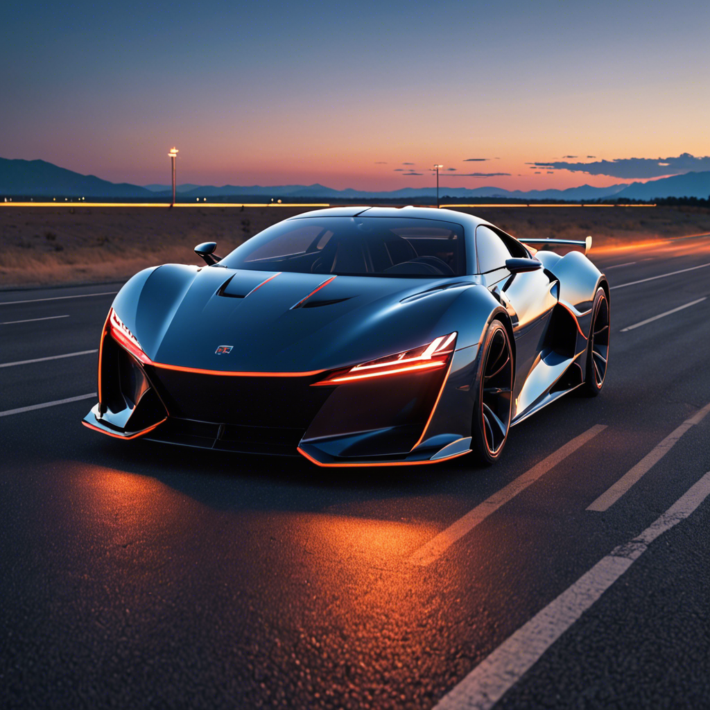a sleek futuristic sports car on an empty highway at dusk, neon reflections, detailed — image 2