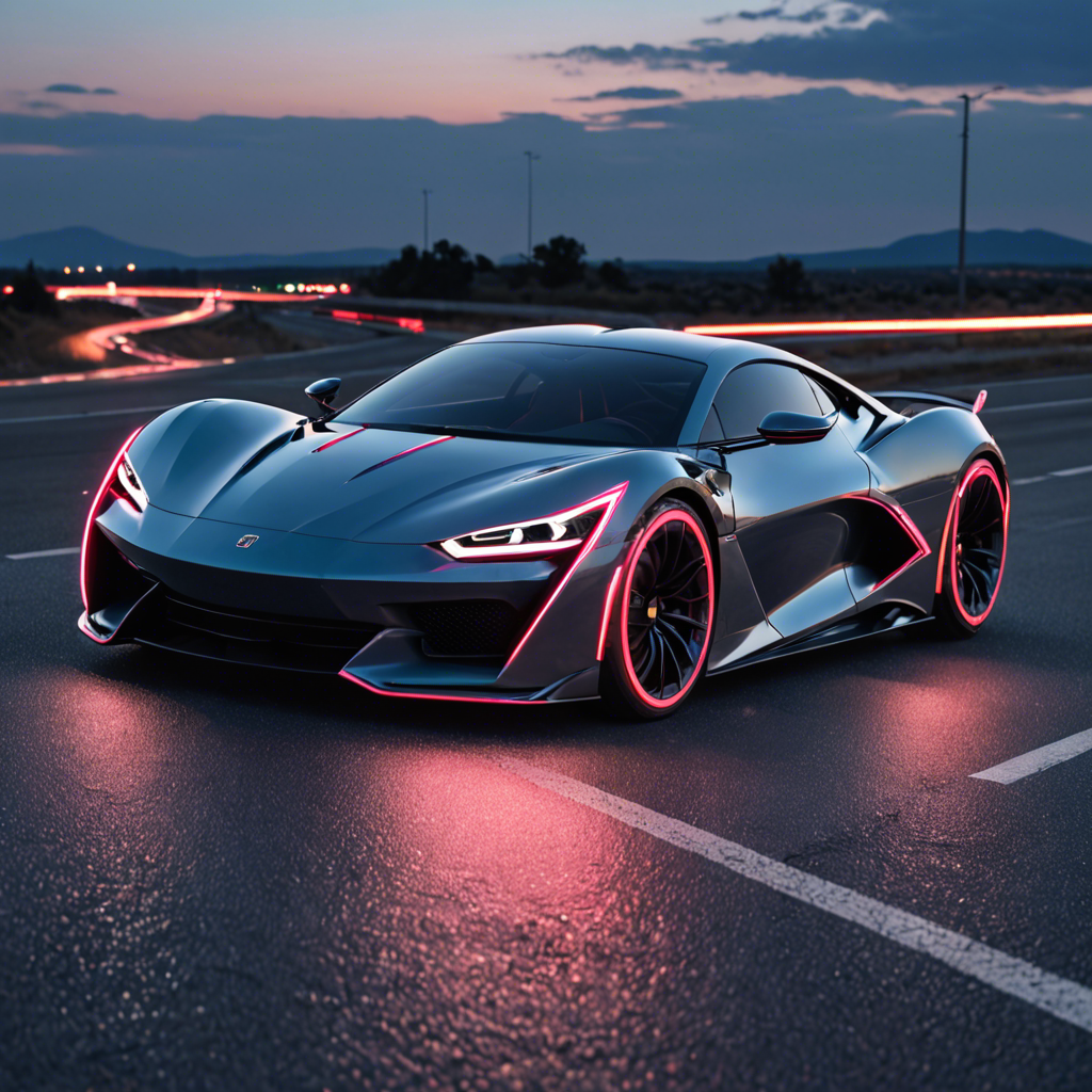 a sleek futuristic sports car on an empty highway at dusk, neon reflections, detailed — image 6