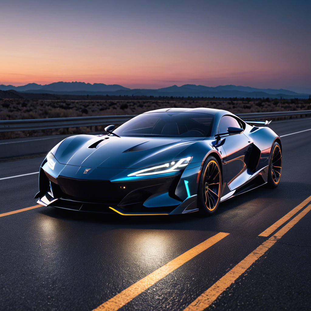 a sleek futuristic sports car on an empty highway at dusk, neon reflections, detailed — image 8