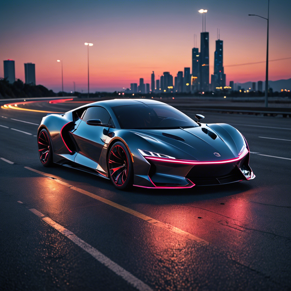 a sleek futuristic sports car on an empty highway at dusk, neon reflections, detailed — image 9